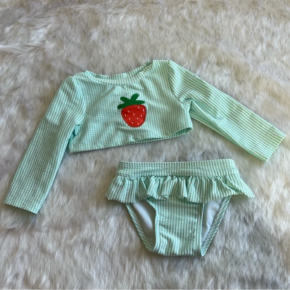 Cat & Jack Girls Long‎ Sleeve Striped Strawberry Two Piece Swimsuit Blue 18 M